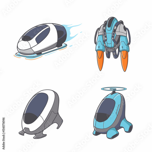 A grid of four cartoonish futuristic vehicles various shapes and colors stylized isolated on a white background