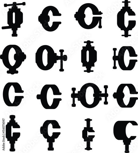 Diverse Pipe Clamp & Industrial Tool Silhouette Vector Set. Essential Fixtures for Plumbing, Construction, and Workshop Projects. Secure Holding Equipment.