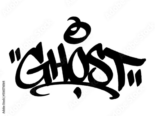 Ghost graffiti tag in black spray paint with drip effect. Transparent background. Urban mysterious vibe for sigma-style street design and visuals.