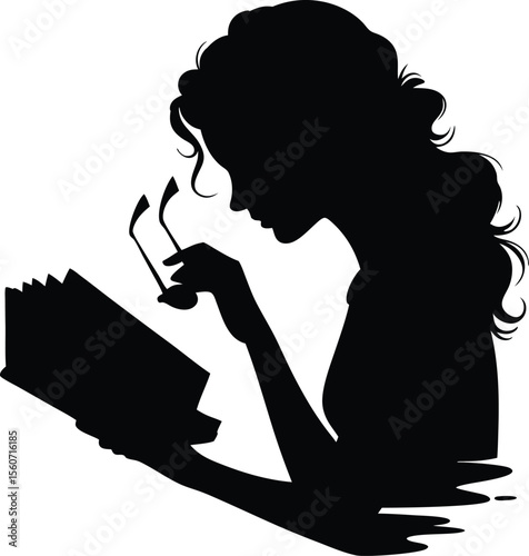 Silhouette of a woman reading a book and holding eyeglasses in black and white