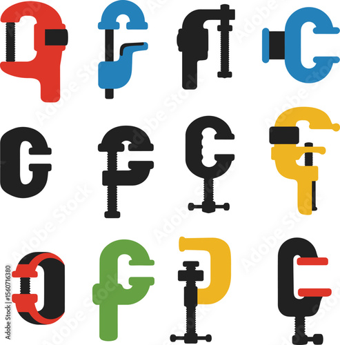 Colorful Workshop Clamps Vector Illustration Set. Diverse Clamping Tools for Woodworking, Metalworking, DIY, & Construction Projects. Versatile Gripping Equipment.