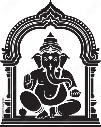 A vintage vector illustration of Hindu God Ganesh in a temple, surrounded by an ancient art pattern design