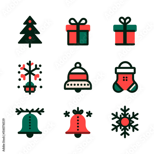 Colorful Christmas icons featuring a tree, gifts, snowflakes, bells, and mittens for festive designs