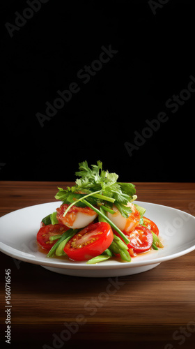 Wallpaper Mural Seared scallops are plated over green beans and fresh halved cherry tomatoes, topped with a sprig of parsley on a white plate and dark wood table top. Torontodigital.ca