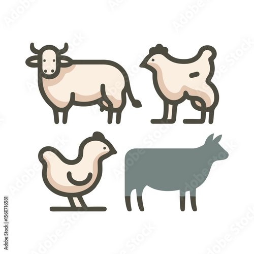 A collection of stylized farm animals including a cow, sheep, chicken, and goat, on a plain background