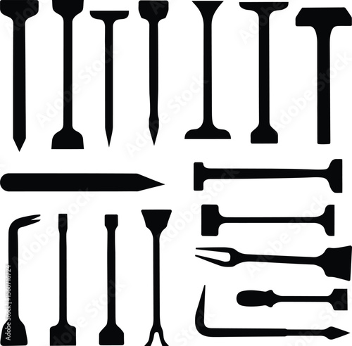 Pry Bar & Demolition Tool Silhouette Vector Icon Set. Essential Hand Tool Outlines for Renovation, Construction, and Salvage Projects. Utility Instruments.