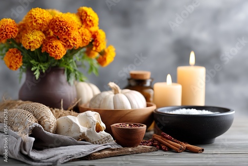 Honoring Ancestors: Day of the Dead Altar with Bright Marigolds and Sacred Offerings