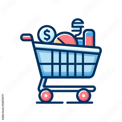 A colorful shopping cart filled with various items like a dollar sign, pie chart, and bottles, symbolizing online shopping and consumer goods