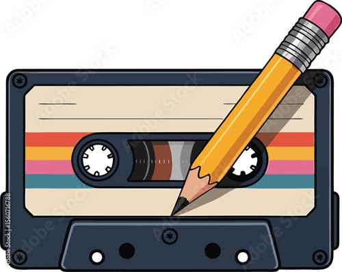 Retro illustration of a cassette tape with a pencil adding handwritten text or notes