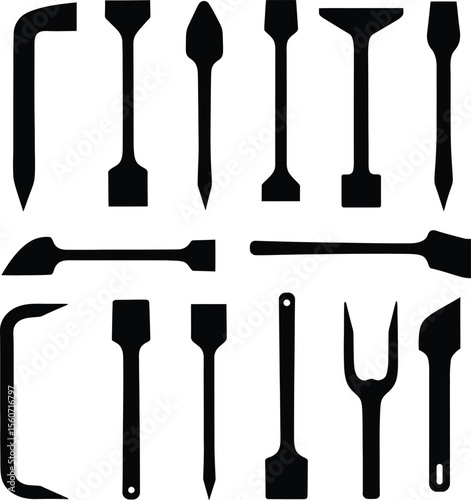 Pry Bar & Demolition Tool Silhouette Vector Icon Set. Essential Hand Tool Outlines for Renovation, Construction, and Salvage Projects. Utility Instruments.