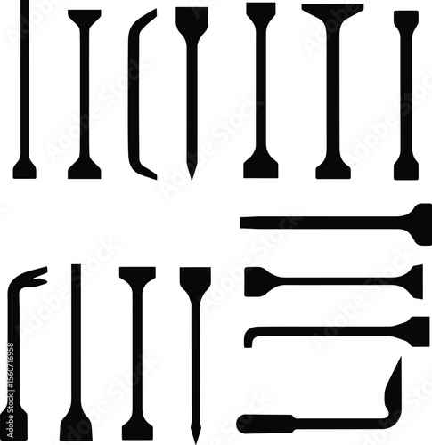 Pry Bar & Demolition Tool Silhouette Vector Icon Set. Essential Hand Tool Outlines for Renovation, Construction, and Salvage Projects. Utility Instruments.