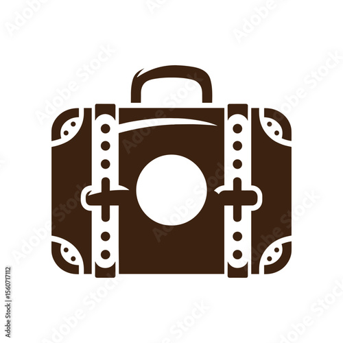 Vintage-style brown suitcase with decorative elements, isolated on white background