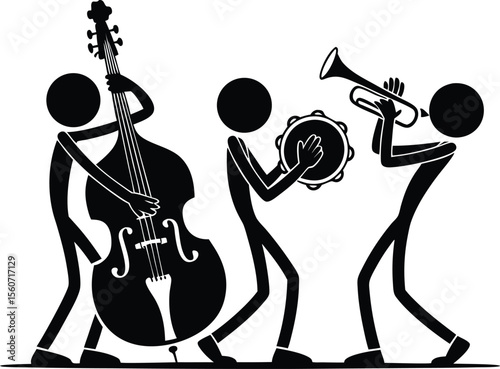 Stylized black and white illustration of a jazz band performing instrumental music