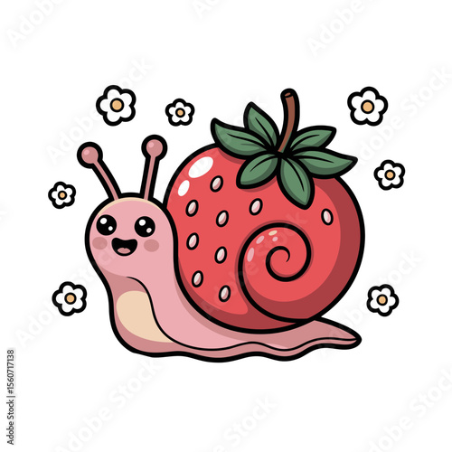 A cheerful snail with a strawberry shell is surrounded by small, white flowers.