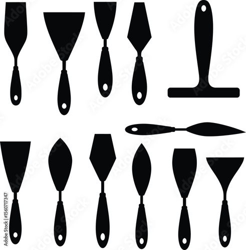 Putty Knife & Spatula Silhouette Vector Icon Set. Versatile Hand Tools for Drywall, Painting, Scraping, and Home Improvement Projects. Construction Equipment.