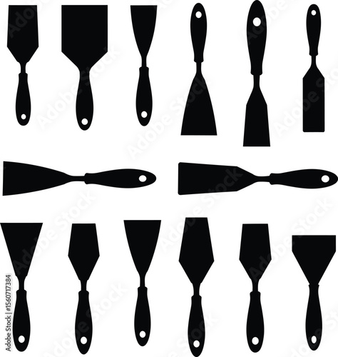 Putty Knife & Spatula Silhouette Vector Icon Set. Versatile Hand Tools for Drywall, Painting, Scraping, and Home Improvement Projects. Construction Equipment.
