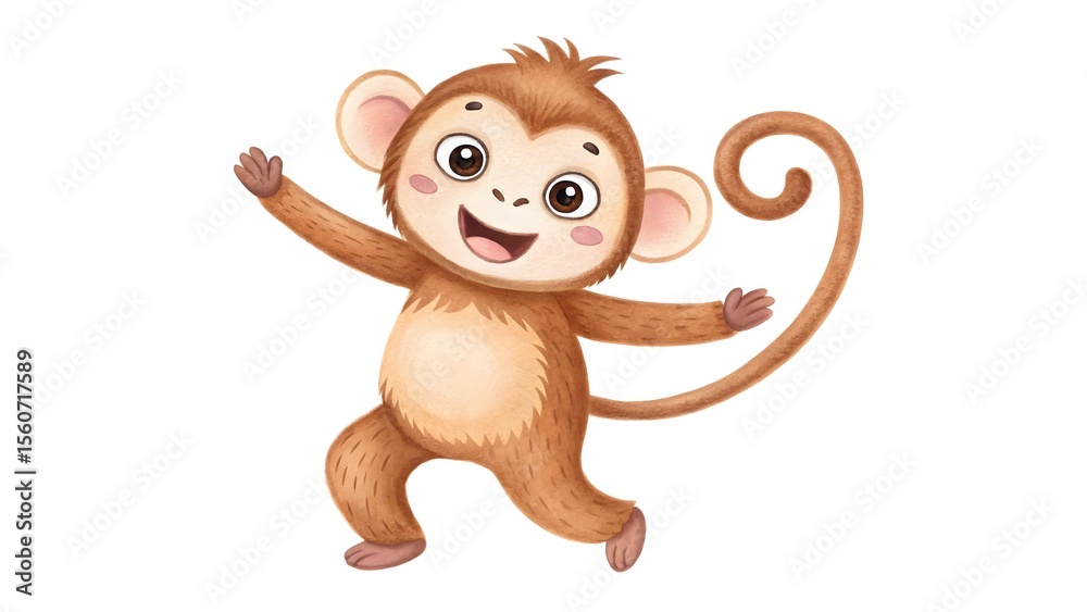 Fototapeta premium Watercolor cute cartoon monkey isolated on white background
