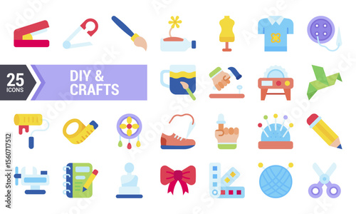 25 Colorful Flat Icons for DIY and Crafts Projects.