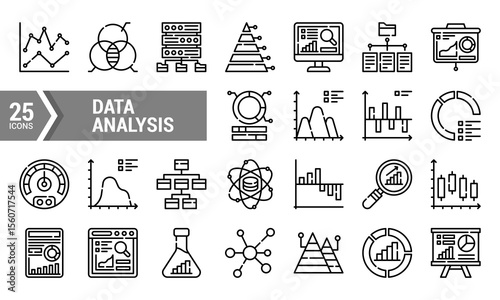 25 Data Analysis Icons in Line Style.