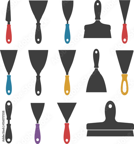 Colorful Putty Knife & Spatula Vector Illustration Set. Versatile Hand Tools for Drywall, Painting, Scraping, and Home Improvement Projects. Construction Equipment.