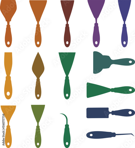Colorful Putty Knife & Spatula Vector Illustration Set. Versatile Hand Tools for Drywall, Painting, Scraping, and Home Improvement Projects. Construction Equipment.