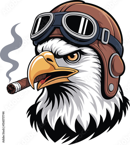 Vector illustration of a cool eagle with aviator goggles and a cigar with smoke