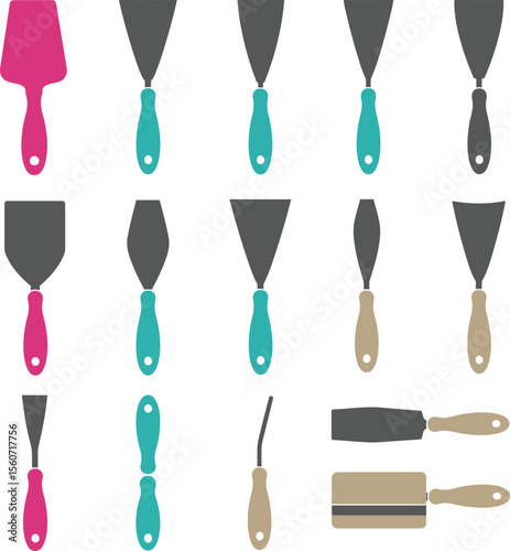 Colorful Putty Knife & Spatula Vector Illustration Set. Versatile Hand Tools for Drywall, Painting, Scraping, and Home Improvement Projects. Construction Equipment.