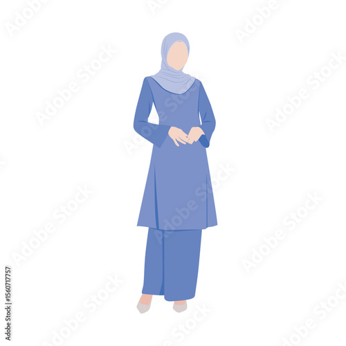 Vector flat illustration. Malaysian woman wearing traditional attire called Baju Kurung Pahang. 