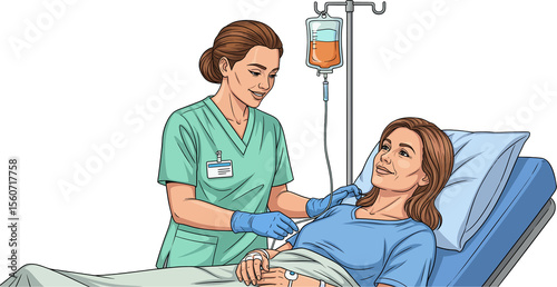Illustration of a nurse caring for a hospitalized female patient with an IV. Representing clinical care. Nurse Caring for a Female Patient with an IV. Medical Illustration of Hospital Care.