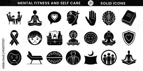 Mental Fitness and Self Care. Mental Health and Wellness Silhouette Vector Icon Set on Transparent Background