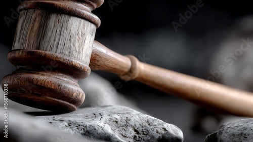 Wooden Judges Gavel Laying On A Rock with Legal Concept On Black Background.