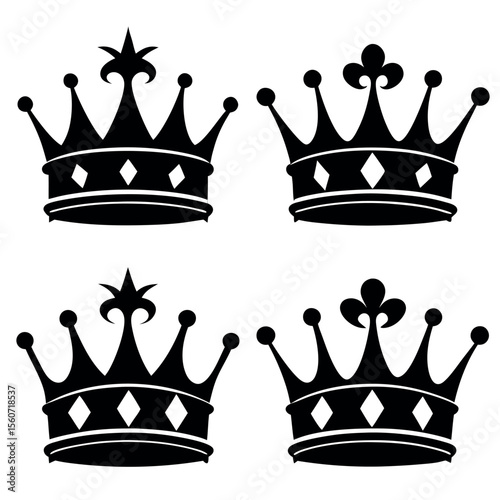 Four black royal crowns with diamond embellishments isolated on white background