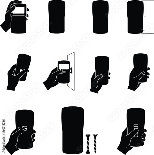 Stud Finder Tool Vector Silhouette Set. Handheld Electronic Detectors & Fasteners for Home Renovation, DIY, and Construction Projects. Wall Scanning Equipment.