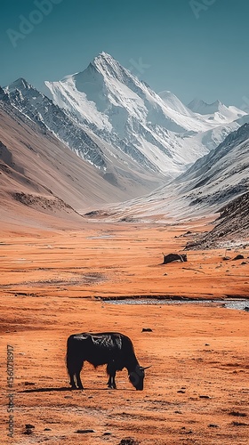 Yak grazing serene valley with snowcapped mountain peaks with vast landscape.