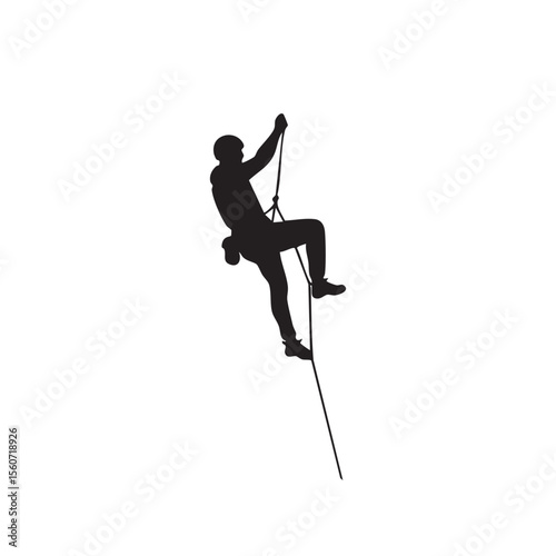 Rock Climber Ascending Rope in Black Silhouette Against White Background silhouette