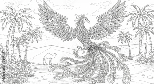 Intricate Phoenix Illustration Desert Oasis Coloring Page