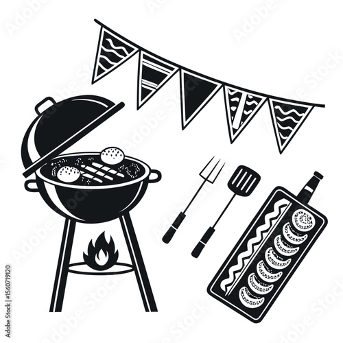 Collection of black barbecue and grilling equipment silhouettes on a clean white background perfect for culinary themes and event invitations