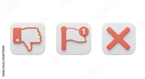 3D interface icons on transparent background – thumbs down, red flag with notification badge, and cancel cross symbol representing dislike, alert, and rejection in modern flat style

