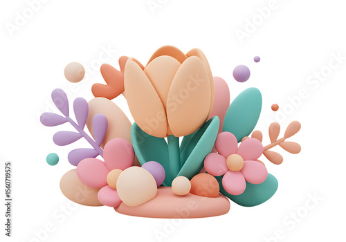 cute pastel 3d spring flower bouquet, isolated on transparent background