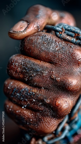 Hand clasped in chain with depicting struggle, resilience, bondage, and dark skin detail.