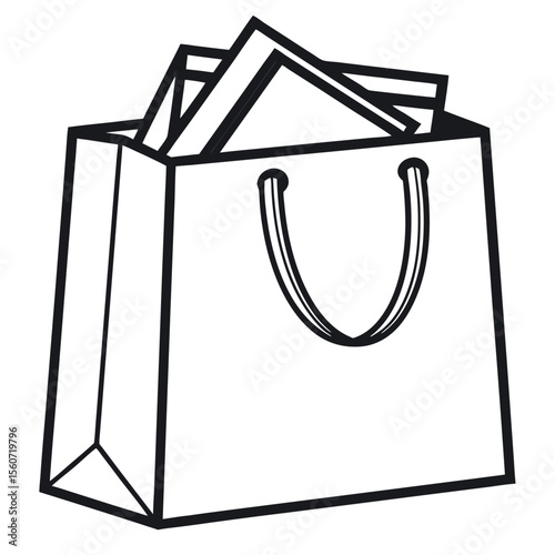 Black outline shopping bag filled with paper documents isolated on white background