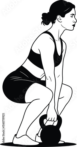 Female Athlete Lifting Kettlebell in Squat Position Silhouette Vector