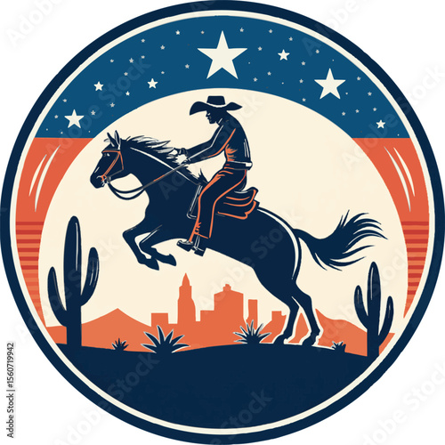 Cowboy riding horse, rodeo silhouette, western rider icon, set wild west vector, bucking horse graphic





