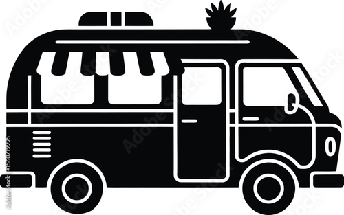 Silhouette of Tropical Food Van with Awning and Roof Decoration – Mobile Street Food Vehicle
