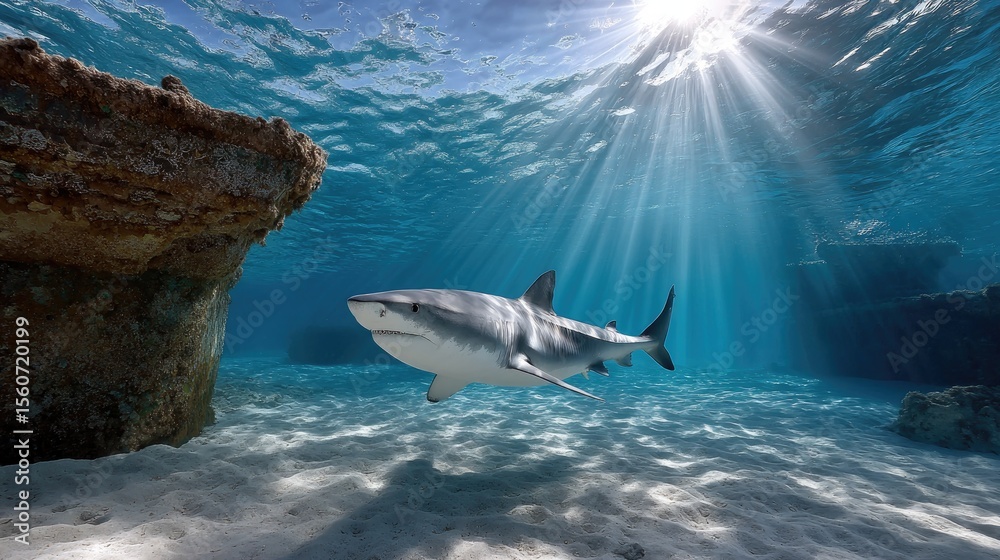Fototapeta premium Tiger shark underwater sunlight