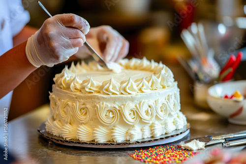 Baker decorating a cake with icing and intricate designs, with various decorating tools and sprinkles on the counter
