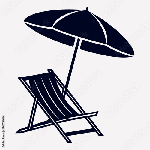 Dark blue silhouette of a beach chair and umbrella isolated on white background