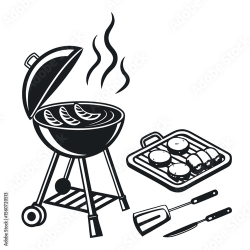 Collection of diverse black barbecue and grilling icons and silhouettes presented on a clean white background for culinary themes