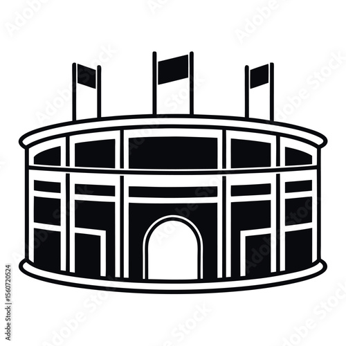 Stylized black stadium building with flags isolated on white background