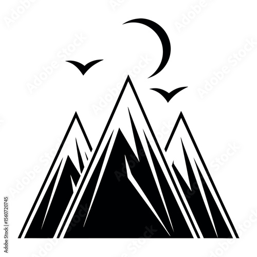 Stylized black mountains with crescent moon and birds isolated on white background